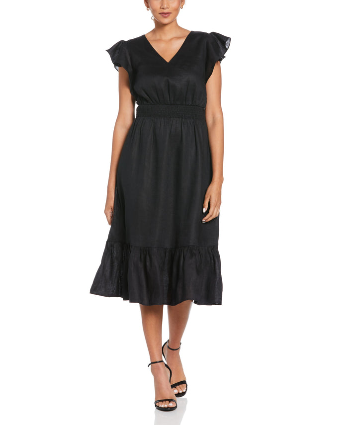 cubavera Linen V-Neck Ruffle Sleeve Maxi Dress Black