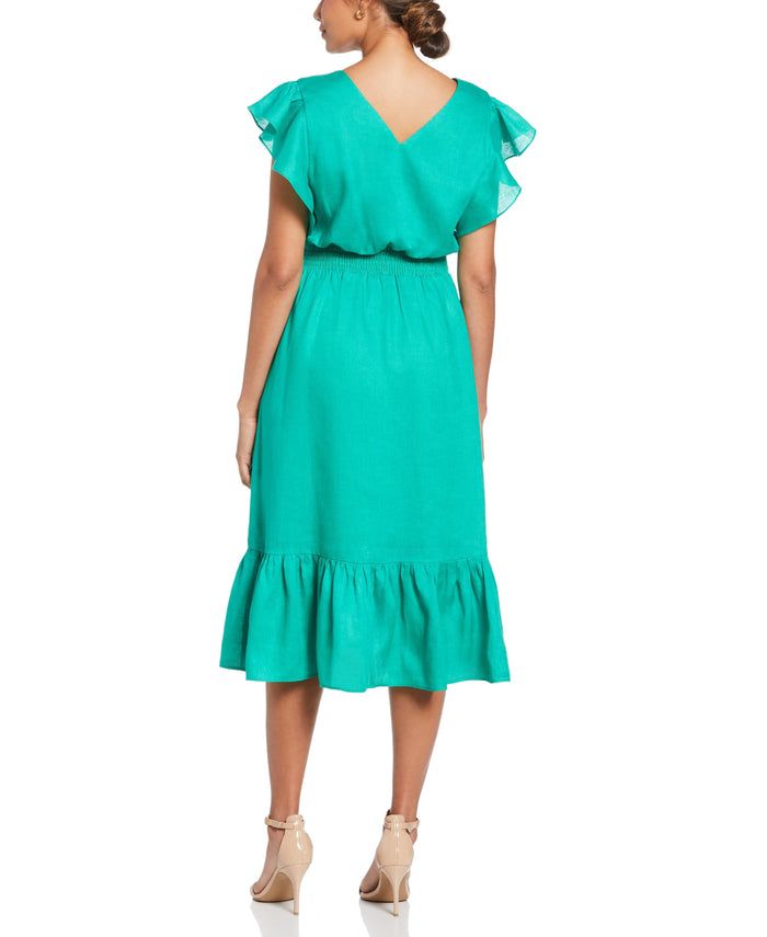 Cubavera Linen V-Neck Ruffle Sleeve Maxi Dress Simply Green