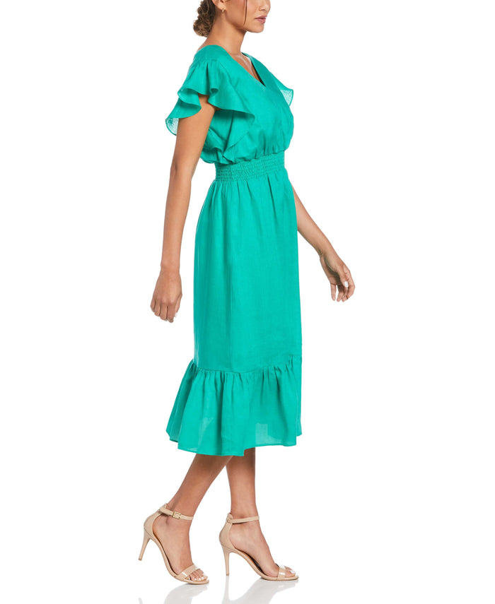 Cubavera Linen V-Neck Ruffle Sleeve Maxi Dress Simply Green