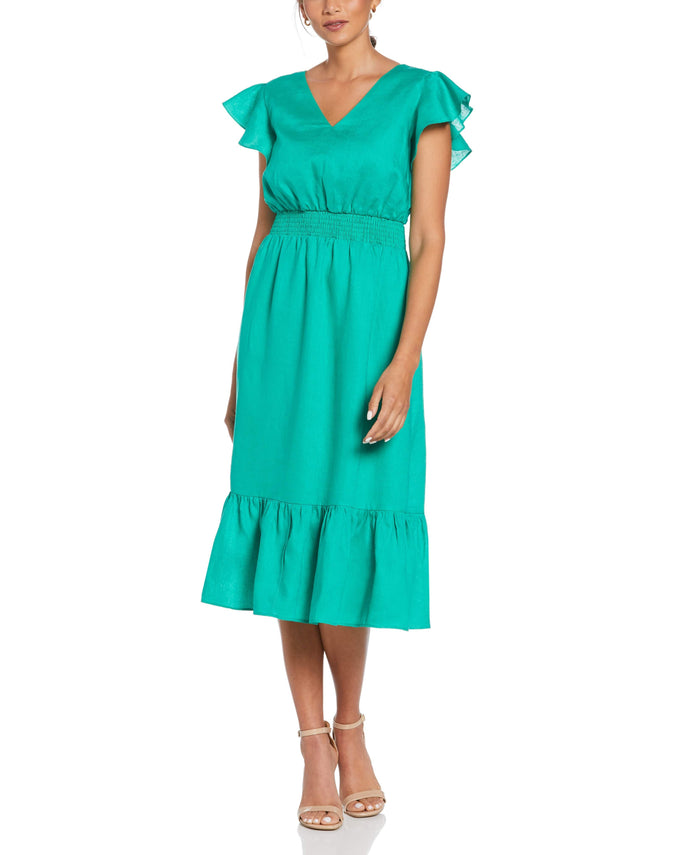 cubavera Linen V-Neck Ruffle Sleeve Maxi Dress Simply Green