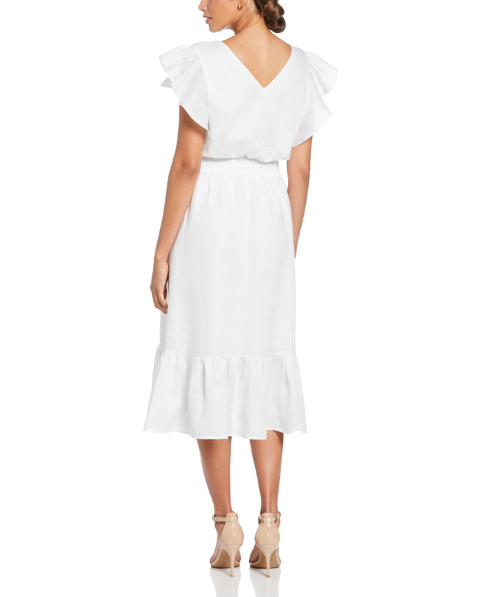 Cubavera Linen V-Neck Ruffle Sleeve Maxi Dress White