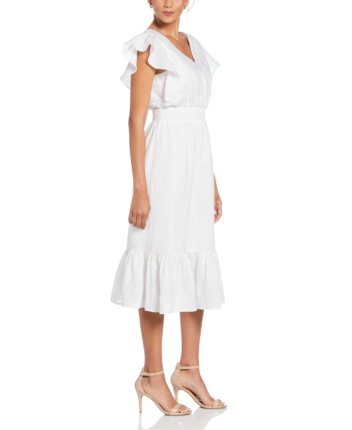 Cubavera Linen V-Neck Ruffle Sleeve Maxi Dress White