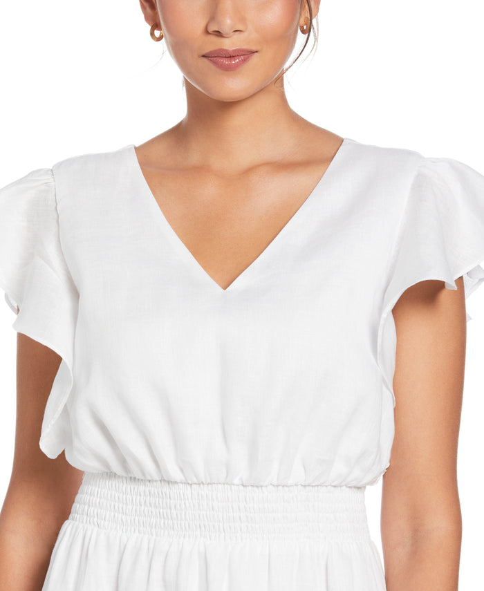 Cubavera Linen V-Neck Ruffle Sleeve Maxi Dress White