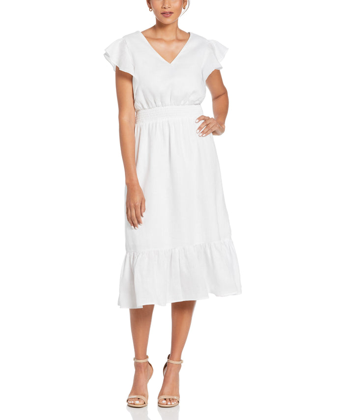 cubavera Linen V-Neck Ruffle Sleeve Maxi Dress White