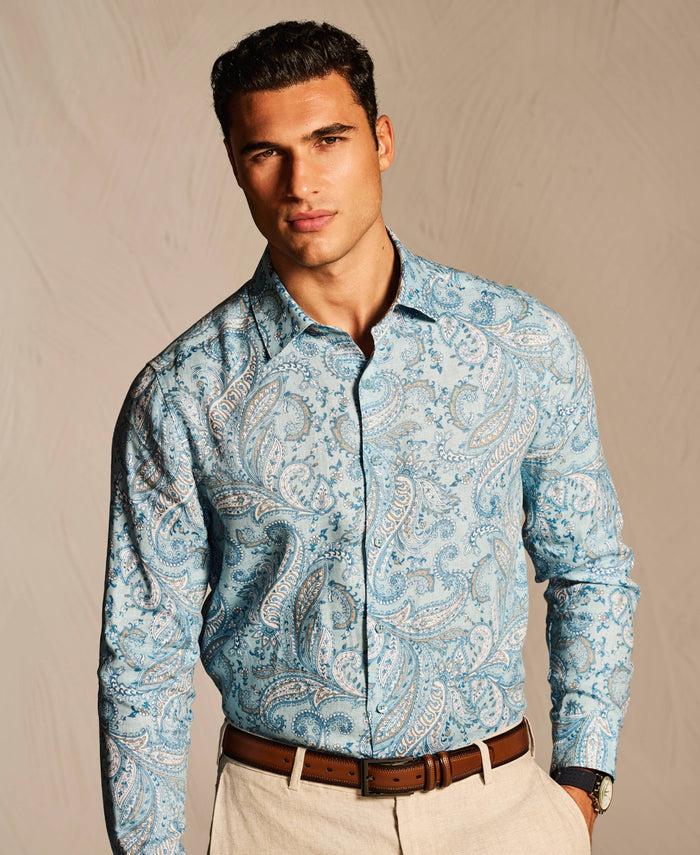 Cubavera Long Sleeve Linen Allover Paisley Printed Shirt Dream Blue
