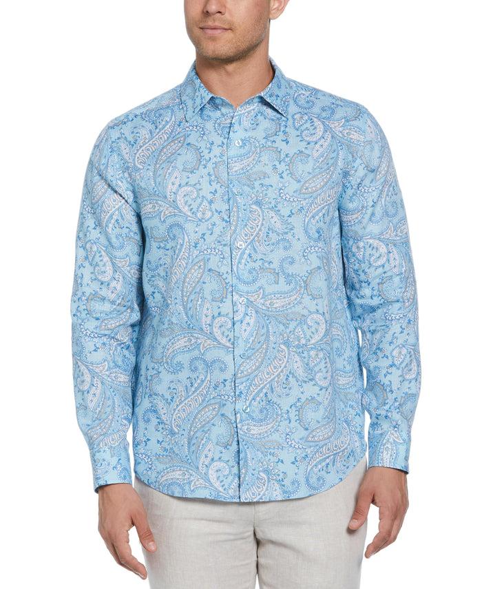cubavera Long Sleeve Linen Allover Paisley Printed Shirt Dream Blue