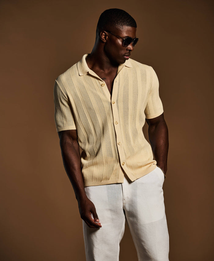 Cubavera Mesh Stripe Knit Sweater Shirt Bleached Sand