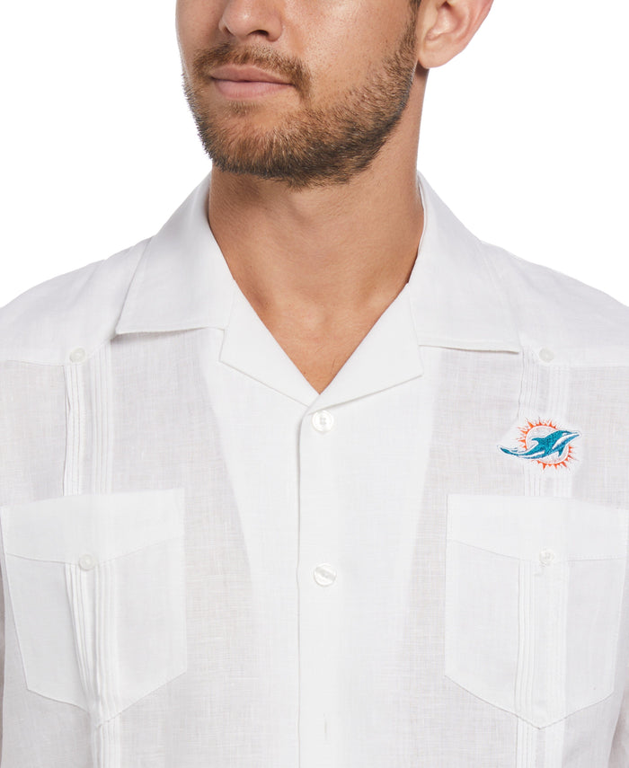 Cubavera Miami Dolphins Logo Linen Short Sleeve 4 Pocket Guayabera Bright White