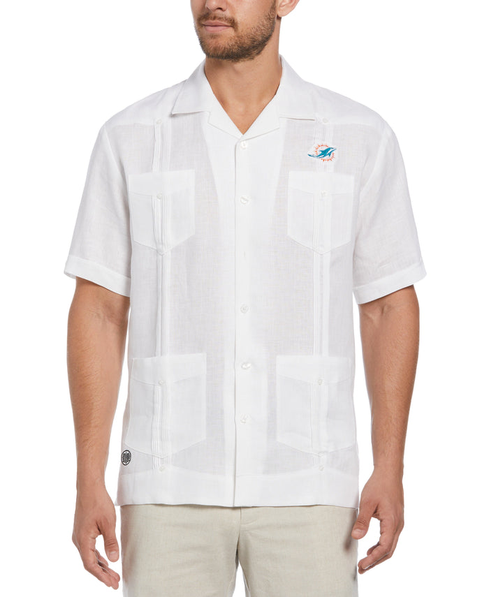 cubavera Miami Dolphins Logo Linen Short Sleeve 4 Pocket Guayabera Bright White