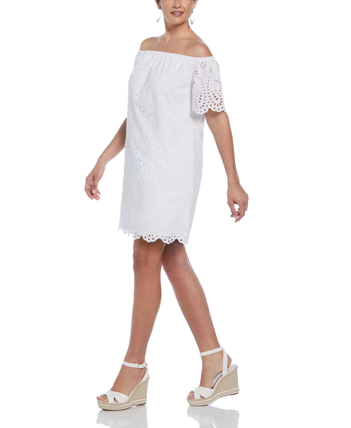 Cubavera Off-Shoulder Embroidered Eyelet Dress Brilliant White