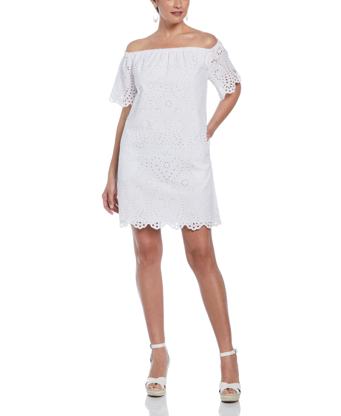 cubavera Off-Shoulder Embroidered Eyelet Dress Brilliant White