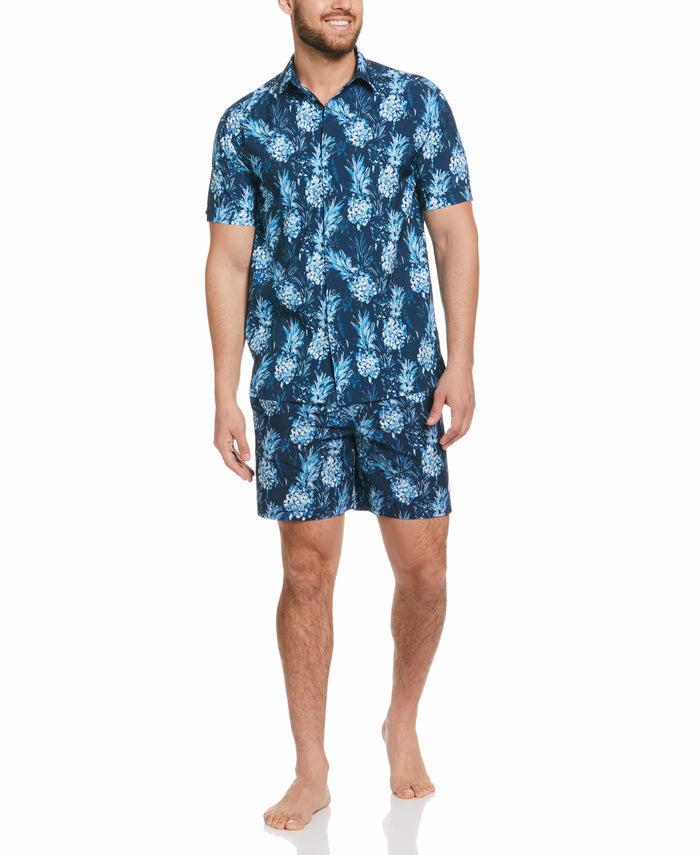 Cubavera Pineapple Print Button Down Shirt Dress Blues