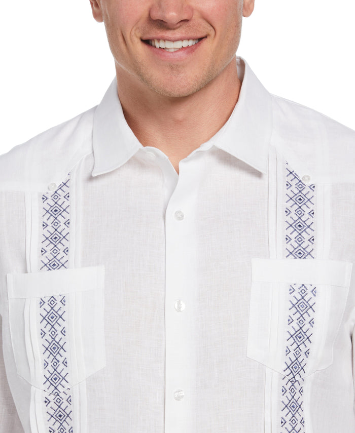 Cubavera Solid Linen Guayabera Shirt With Contrast Embroidery Brilliant White