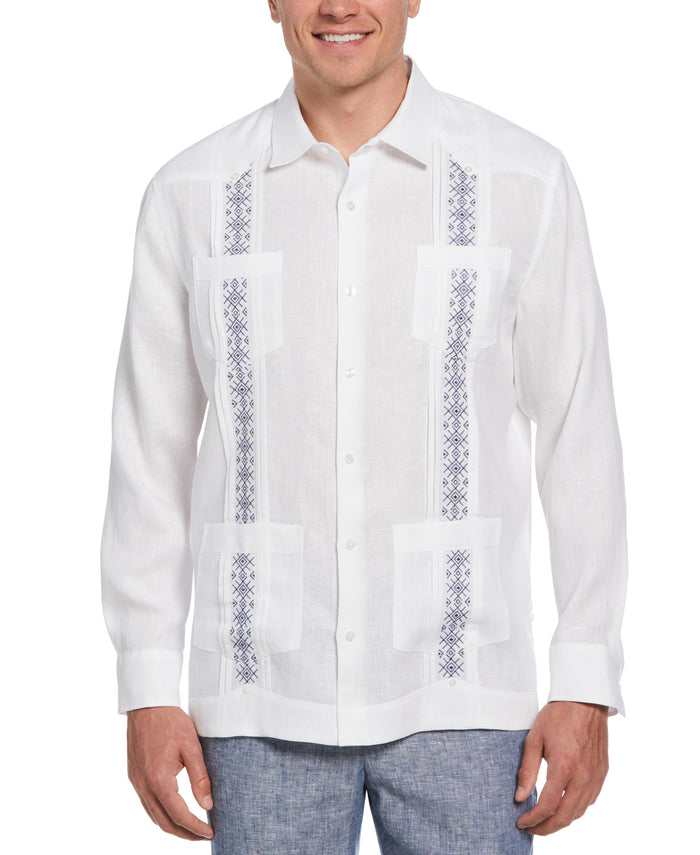 cubavera Solid Linen Guayabera Shirt With Contrast Embroidery Brilliant White