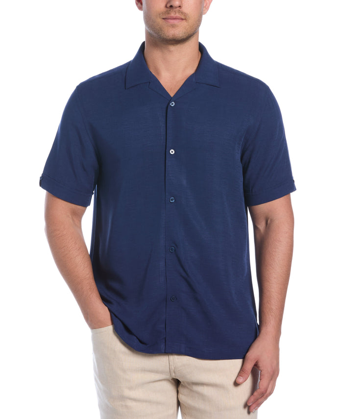 cubavera Solid Textured Cuban Collar Shirt Estate Blue