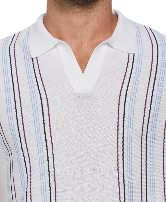 Cubavera Striped Johnny Collar Polo Sweater Brilliant White
