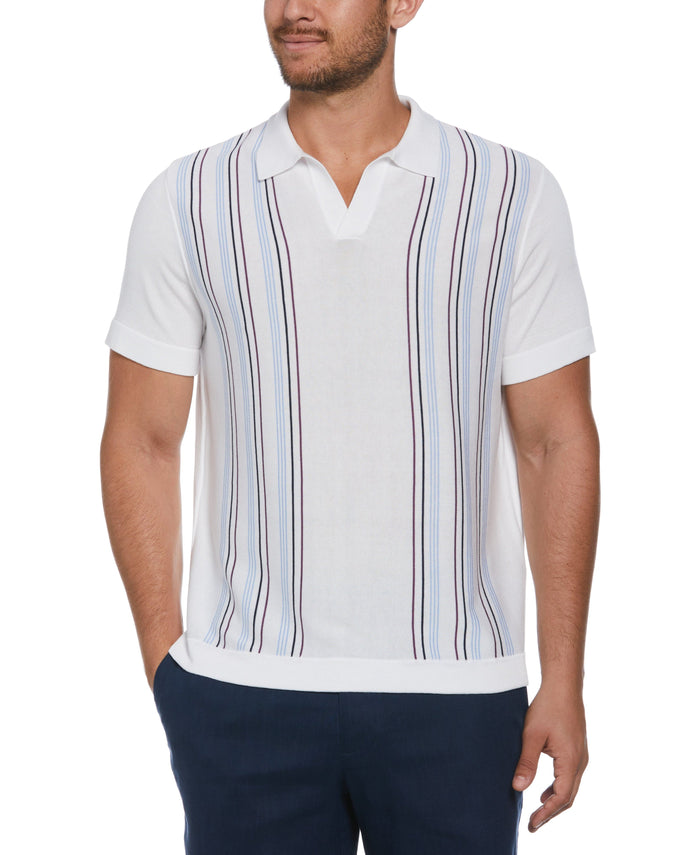 cubavera Striped Johnny Collar Polo Sweater Brilliant White