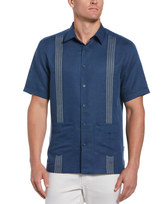Cubavera Striped Panel Double Lower Pocket Guayabera Shirt Insignia Blue