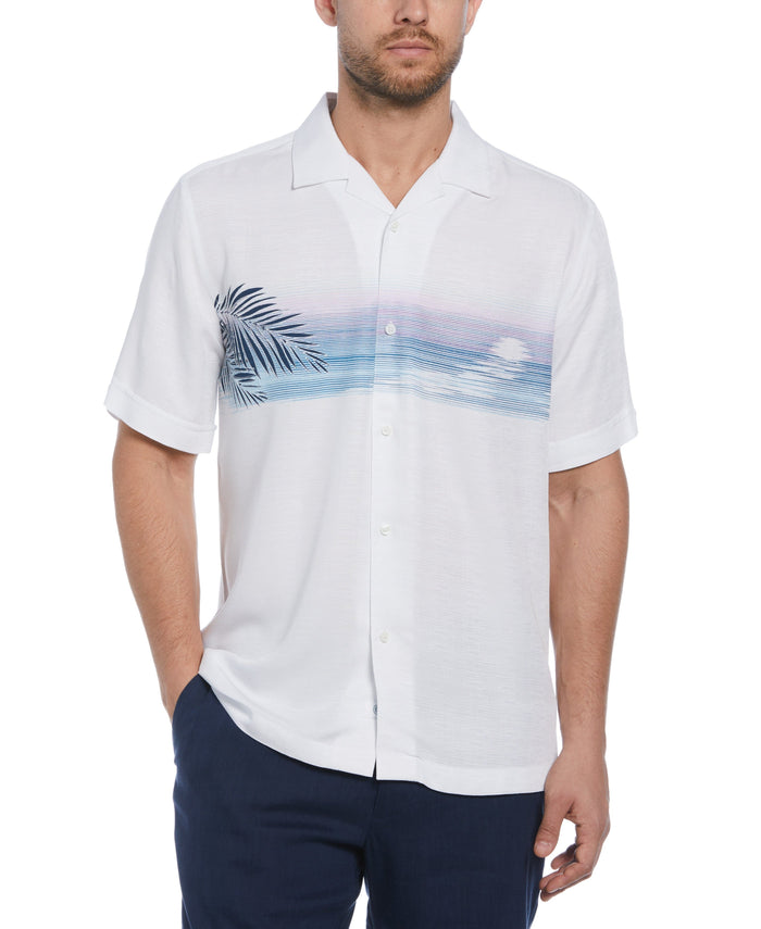 cubavera Sunset Chest Print Cuban Collar Shirt Brilliant White