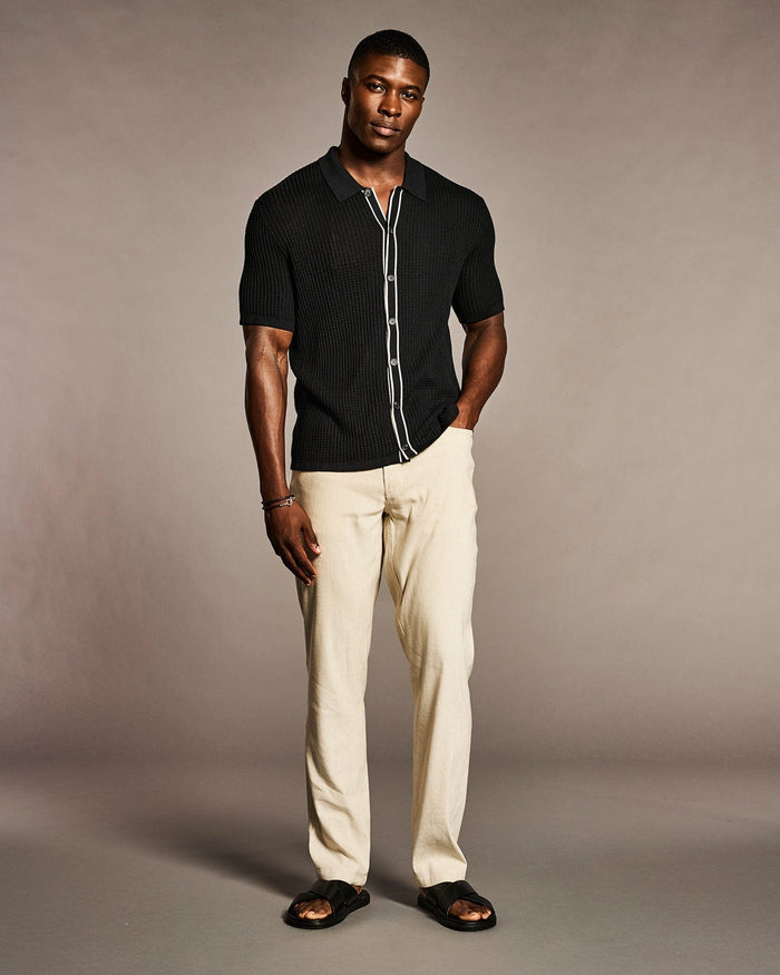 Cubavera Tipped Textured Knit Sweater Shirt Jet Black