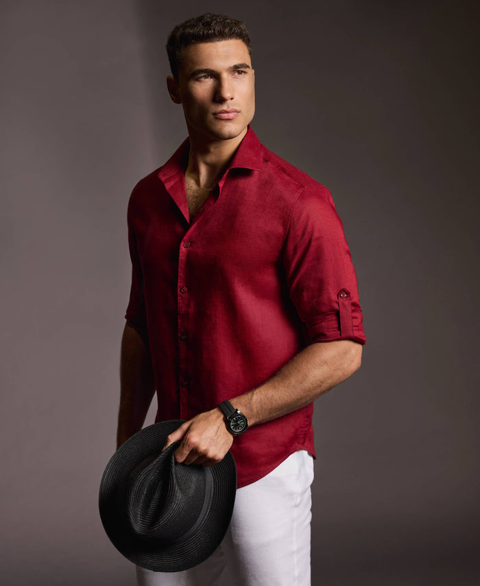 Cubavera Travelselect™ Linen-Blend Rolled Sleeve Shirt Cabernet