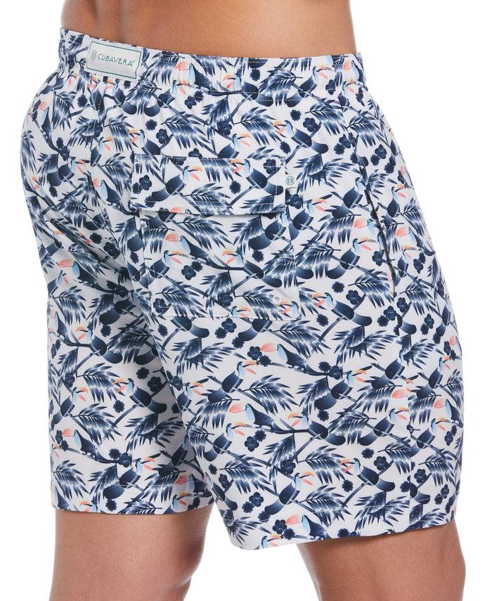 Cubavera Tropical Leaf Toucan Print Swim Trunks Brilliant White