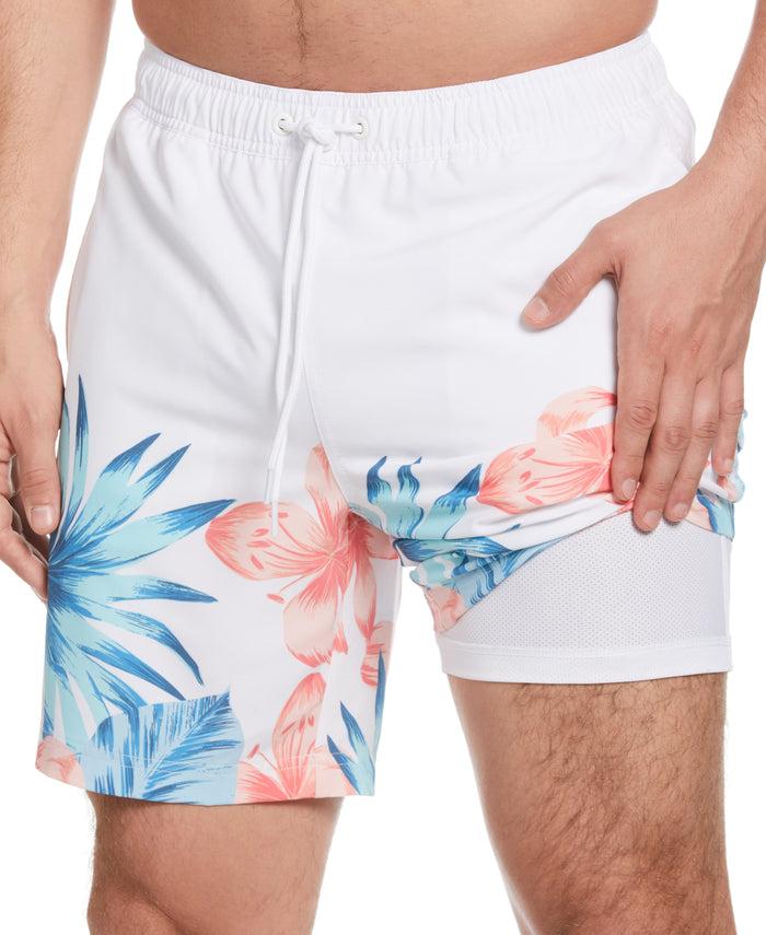 Cubavera Tropical Placement Print 7" Swim Trunks Brilliant White