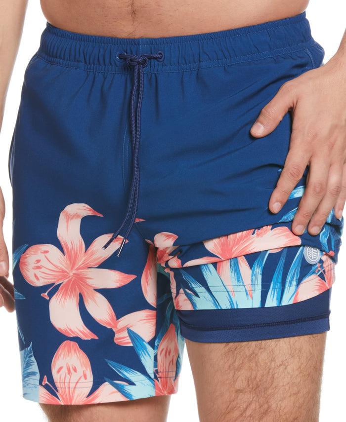 Cubavera Tropical Placement Print 7" Swim Trunks Navy Peony