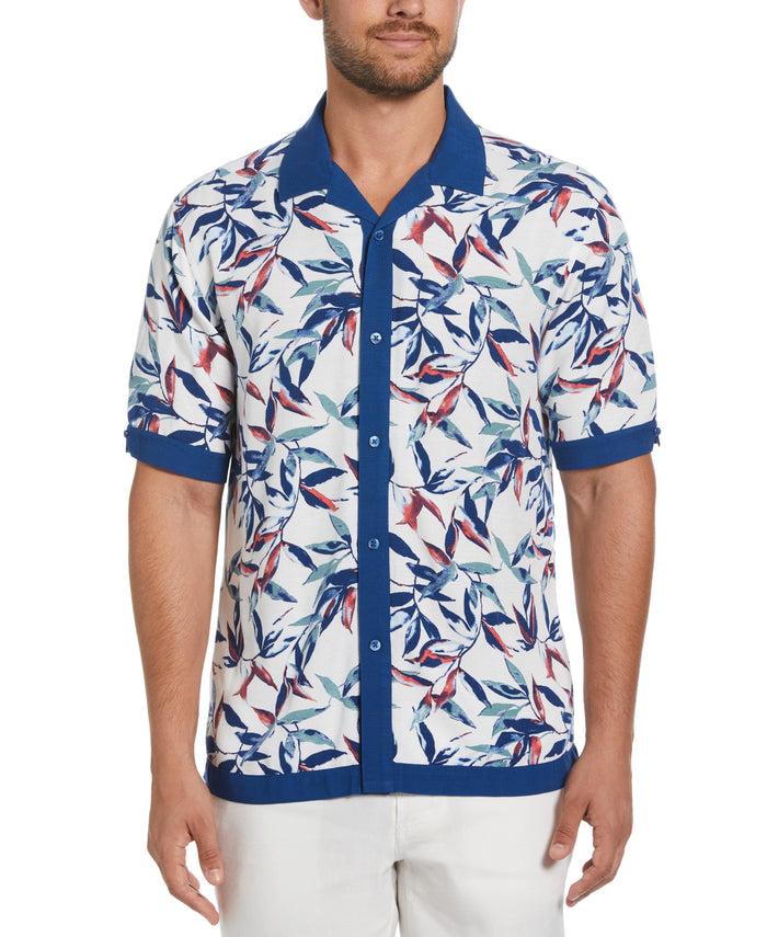 cubavera Watercolor Leaf Print Textured Shirt Brilliant White