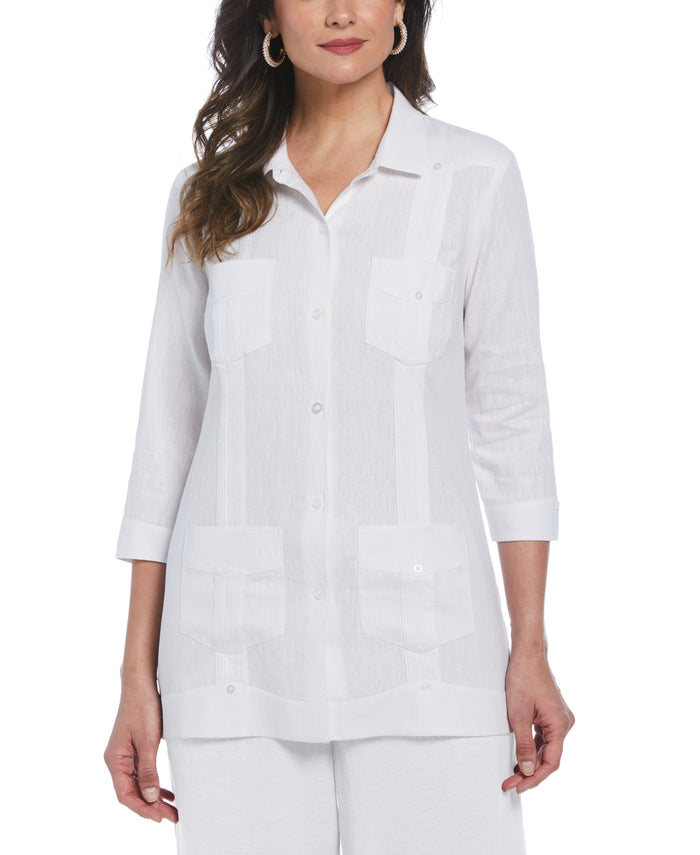 Cubavera Women's Linen Blend Guayabera Shirt - White Brilliant White