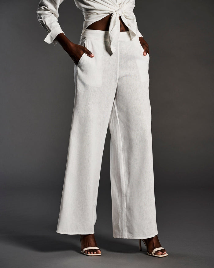 Cubavera Women's Linen Blend Wide Leg Flat Front Pant Brilliant White