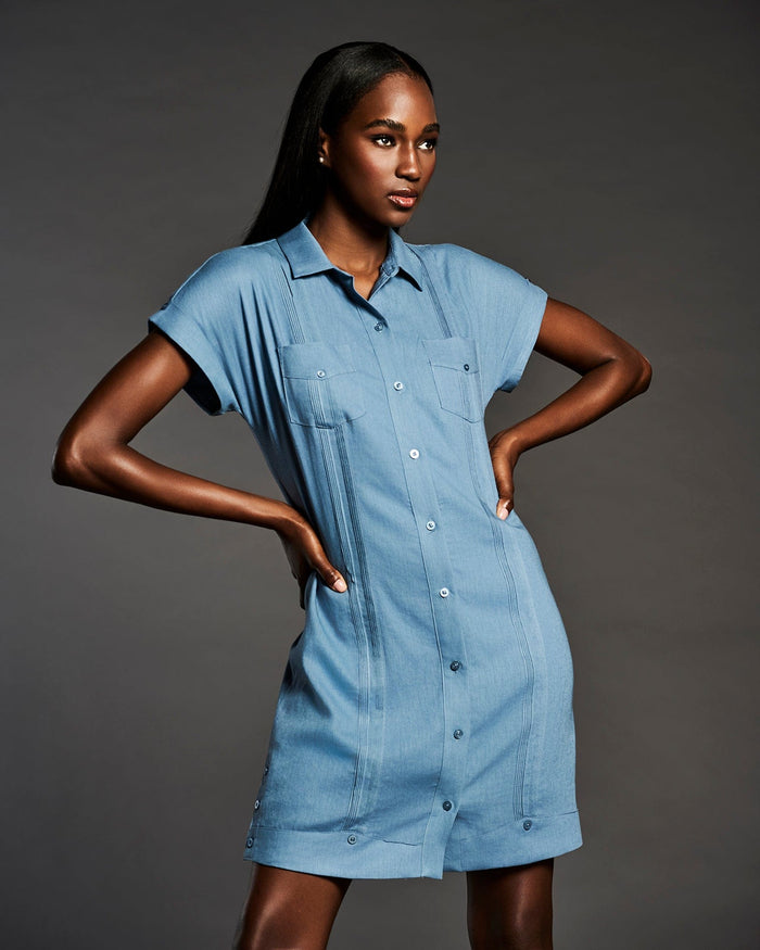 Cubavera Women's Solid Two-Pocket Linen Blend Guayabera Dress Captains Blue