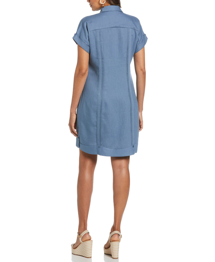 Cubavera Women's Solid Two-Pocket Linen Blend Guayabera Dress Captains Blue