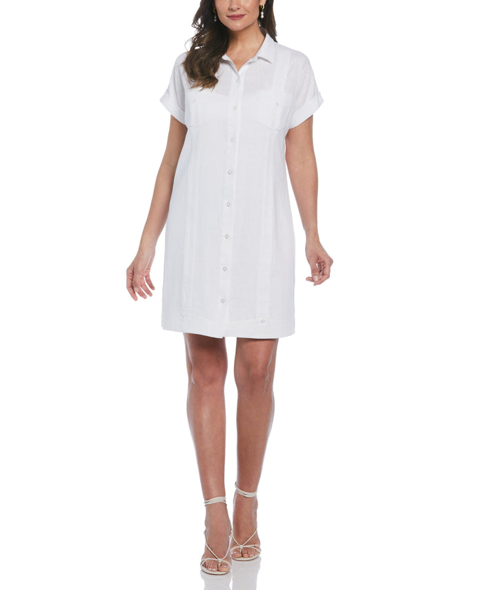 cubavera Women's Solid Two-Pocket Linen Blend Guayabera Dress Brilliant White