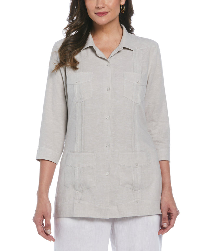 cubavera Women's Two-Tone Linen Blend Guayabera Shirt - Beige Natural