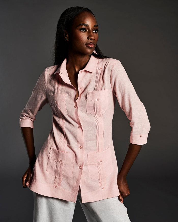 Cubavera Women's Two-Tone Linen Blend Guayabera Shirt - Pink Silver Pink
