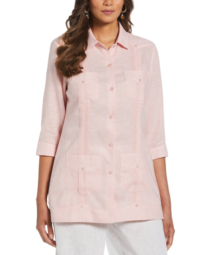 cubavera Women's Two-Tone Linen Blend Guayabera Shirt - Pink Silver Pink