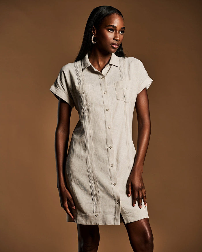 Cubavera Women's Two-Tone Two-Pocket Linen Blend Guayabera Dress Natural