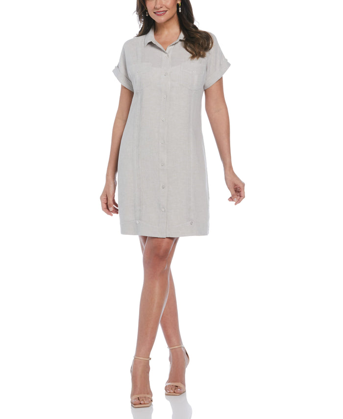 cubavera Women's Two-Tone Two-Pocket Linen Blend Guayabera Dress Natural