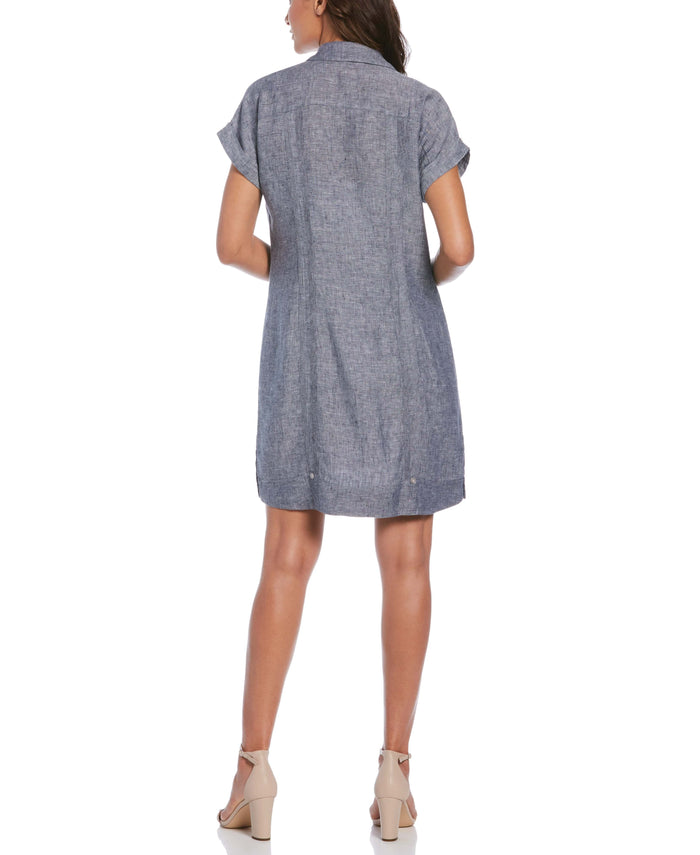 Cubavera Women's Two-Tone Two-Pocket Linen Guayabera Dress Indigo