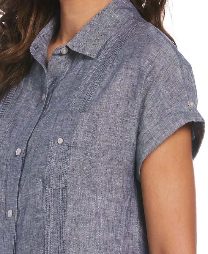 Cubavera Women's Two-Tone Two-Pocket Linen Guayabera Dress Indigo