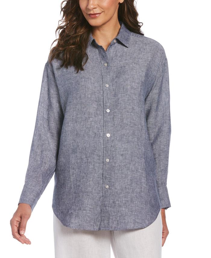 cubavera Women's Two-Tone Yarn-Dyed Linen Blouse Indigo