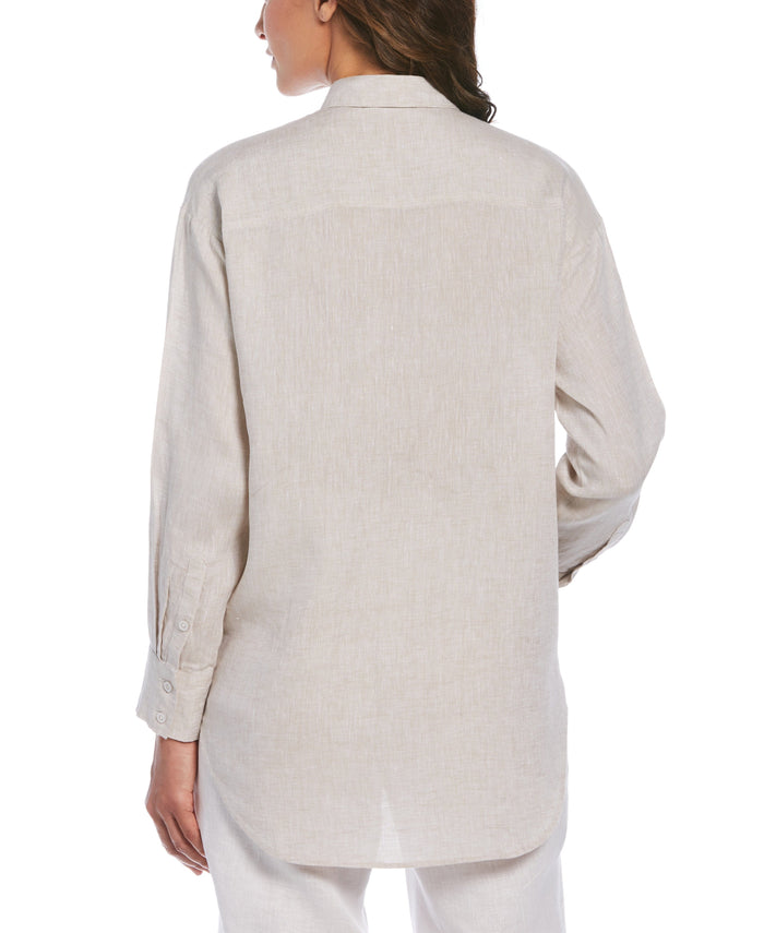 Cubavera Women's Two-Tone Yarn-Dyed Linen Blouse Natural