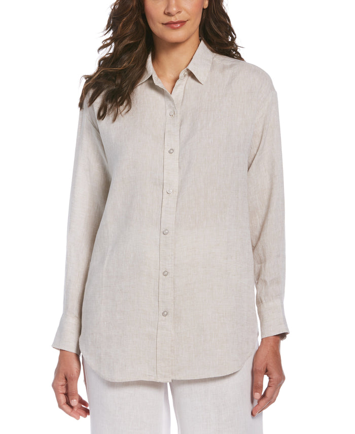 Cubavera Women's Two-Tone Yarn-Dyed Linen Blouse Natural