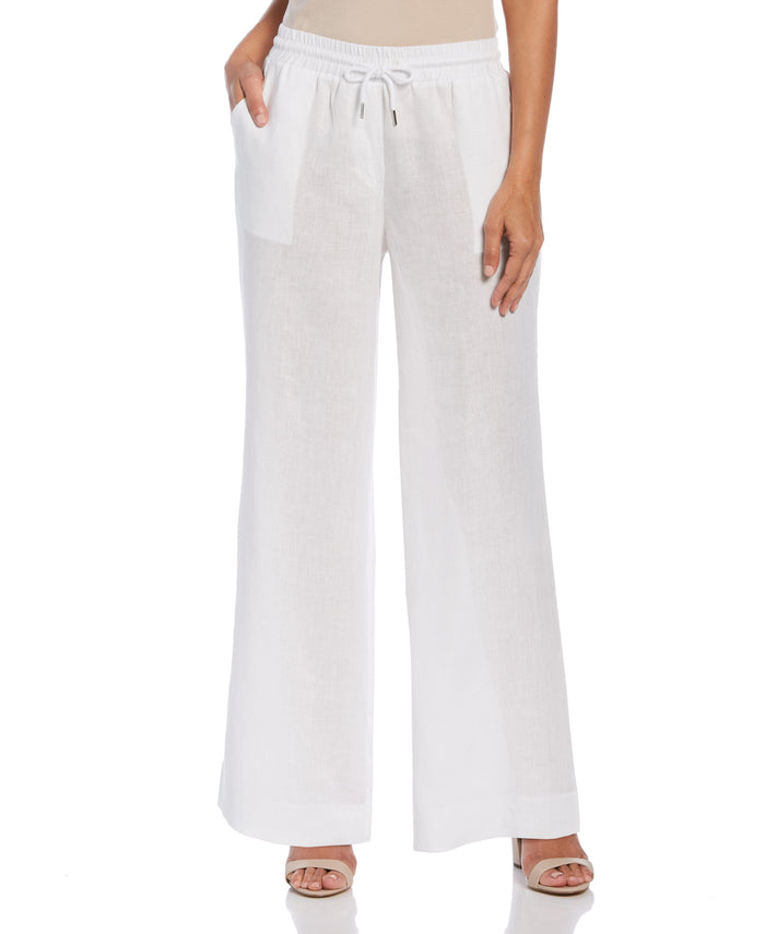 Cubavera Women's Wide Leg Drawstring Linen Pant White