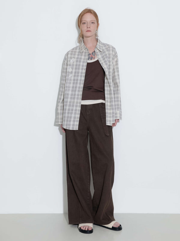 Cubic 100% Cotton Embroidered Lace Checkered Oversized Shirt Gray