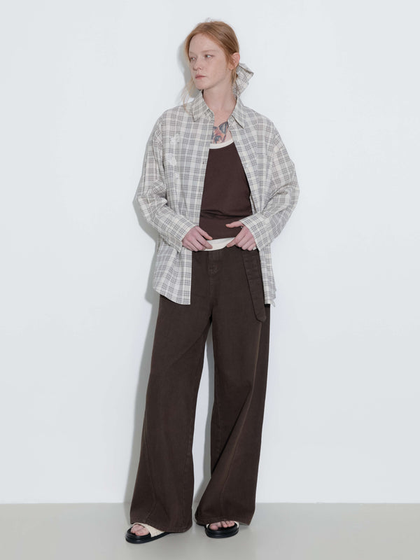 cubic 100% Cotton Embroidered Lace Checkered Oversized Shirt Gray