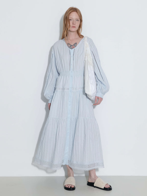 Cubic 100% Cotton Lace Hollow V-Neck Waist-Cinched Maxi Dress AliceBlue