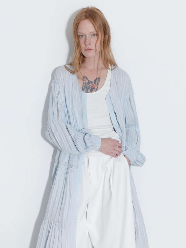 Cubic 100% Cotton Lace Hollow V-Neck Waist-Cinched Maxi Dress AliceBlue