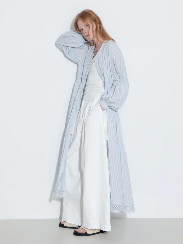 Cubic 100% Cotton Lace Hollow V-Neck Waist-Cinched Maxi Dress AliceBlue